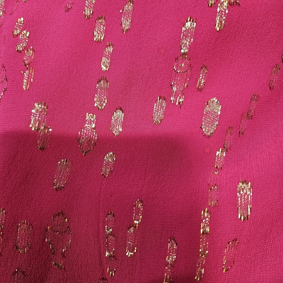 Lilly Pulitzer Pink Topaz Silk Metallic Gold Ruffle V-Neck Blouse Large - Picture 4 of 7